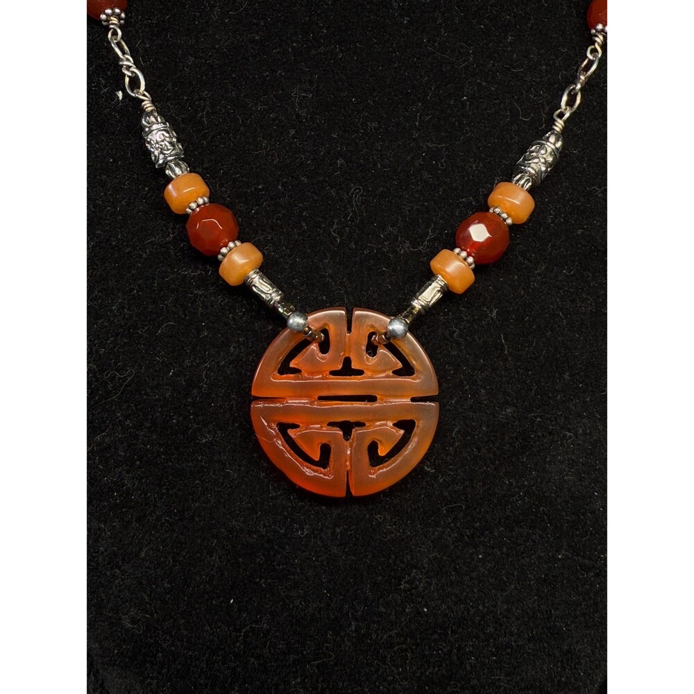 Sterling Silver Necklace Carved Red Glass Medallion Asian Style Beaded 925 19” A
